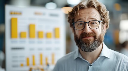 Engaging business professional with beard and glasses presenting data analysis in a modern office environment