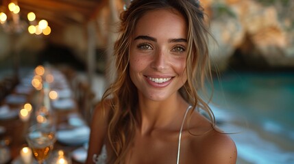 Smiling Woman at Beachside Dinner