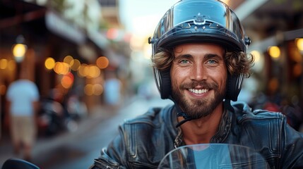 Smiling Man on Motorcycle in Urban Street