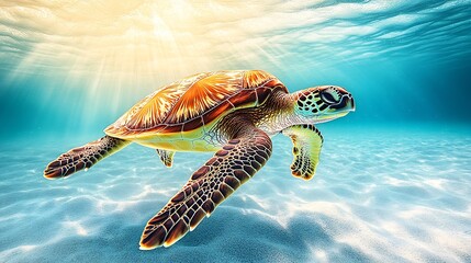 Poster - Tranquil Underwater Scene Featuring a Sunlit Sea Turtle in Crystal Clear Waters : Generative AI