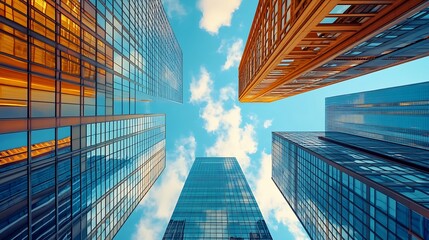 Poster - Skyward View of Modern Glass Skyscrapers Reflecting the Blue Sky : Generative AI
