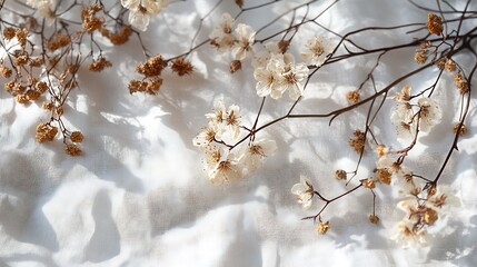 Poster - Cherry Blossom Branches Casting Shadows on Soft Fabric Surface : Generative AI