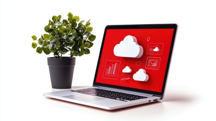 Poster - A bright and clean workspace featuring a laptop with cloud illustrations
