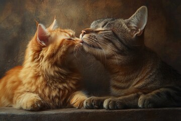 Two cats kissing each other, close-up, on dark background