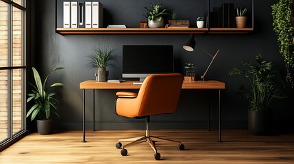 Poster - Elegant Home Office with Natural Light and Vibrant Greenery Creating a Modern Workspace : Generative AI