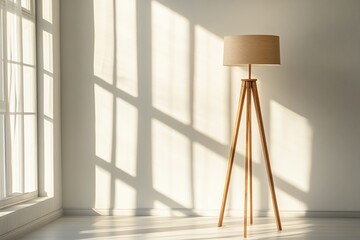 a wooden floor lamp with a beige shade stands near a window with sunlight shining through the curtai