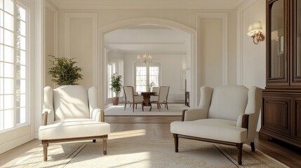 A large room with two white chairs and a wooden cabinet. The room is well lit and has a clean, modern feel