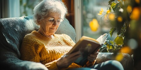 Poster - Elderly Woman Enjoying Leisure Time Reading Book Near Window in Cozy Home : Generative AI