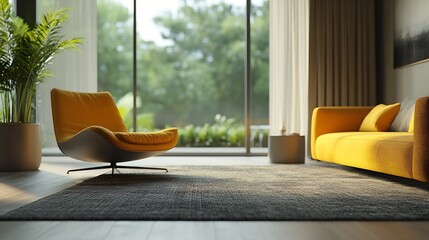 Poster - Bright and Minimalistic Sitting Area with Yellow Armchair and Sofa Overlooking Lush Green Views : Generative AI