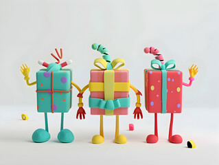 3D cartoon, colorful gift boxes with legs and arms walking in the background, white background