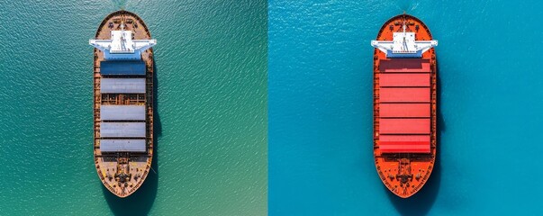 Aerial view of a cargo ship with colorful containers on turquoise water. The left side features dark cargo, while the right displays vibrant hues.