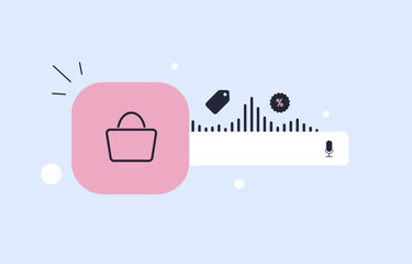 Fototapete - Voice Commerce for Small Businesses. Set up voice commerce options for local and small businesses, allowing customers to shop via voice commands. Illustration showing e-commerce voice interacting