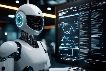 Poster - Futuristic Robot Analyzing Data on a High-Tech Screen in Modern Laboratory : Generative AI