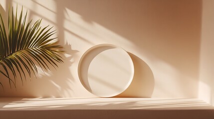 Poster - Contemporary Minimalist Palm Leaf Shadow on Sunlit Wall and Circular Sculpture : Generative AI