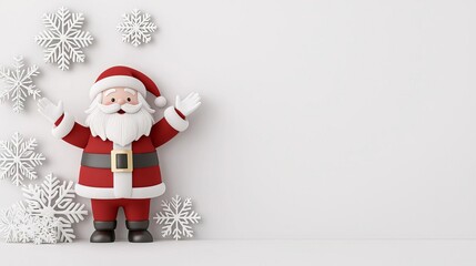 Cute 3D Santa waving with snowflakes in the air, minimalist white backdrop, Santa  Snowflakes, Holiday Greetings