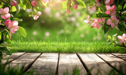 Wall Mural - Spring background with a wooden table top and a blurred green grass meadow, a blooming apple tree flower border frame, a banner for product display presentation template, a springtime nature concept