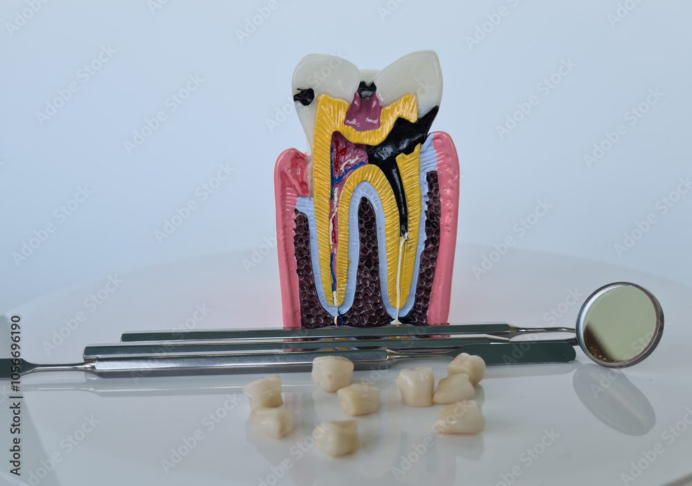 Dental model demonstrating tooth structure and tools on display at a ...