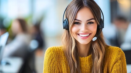 A Smiling Young Woman in a Yellow Sweater and Headset.