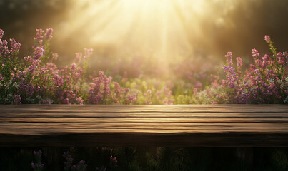 Wall Mural - spring background with a wooden table top and a blurred green grass meadow, a blooming apple tree fl