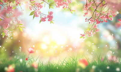 Wall Mural - Beautiful blurred spring background with sun and flowers, blurred green grass in the foreground, blurred pink cherry blossoms on top, bright sunny sky