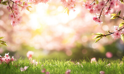 Wall Mural - Beautiful blurred spring background with sun and flowers, blurred green grass in the foreground, blurred pink cherry blossoms on top, bright sunny sky