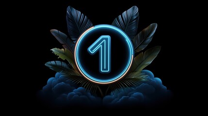 Aufkleber - Neon sign with a circle and the number 1 in neon lights. The image has a tropical theme with palm trees and a cloudy sky