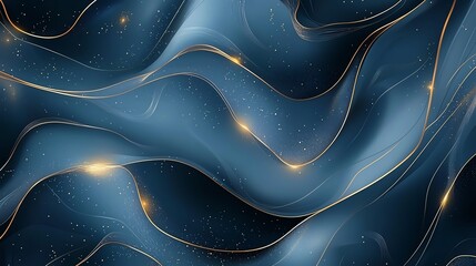Poster - Abstract blue and gold wavy pattern with glowing accents creates a luxurious and modern visual, perfect for backgrounds and design projects.
