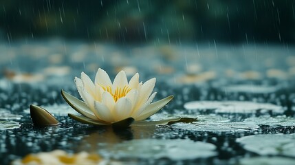 Aufkleber - Tranquil Lotus Flower Blooming in Serene Rainfall on Calm Water Surface : Generative AI