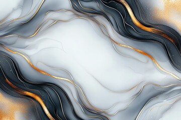 Poster - Elegant abstract marble texture with flowing black, white, and golden lines. Perfect for modern backgrounds and artistic designs.