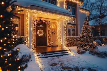 Wall Mural - A house is decorated with Christmas lights and a wreath on the door. The house is surrounded by trees and bushes