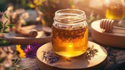 A close up of herbal infused honey in a glass jar showcasing its application in traditional healing methods