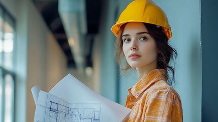 Poster - Confident Female Engineer with Blueprints in Industrial Building : Generative AI