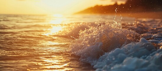 Poster - Colorgraded Waves Splashing On The Shore During Sunset With Motion Blur Movement Concept
