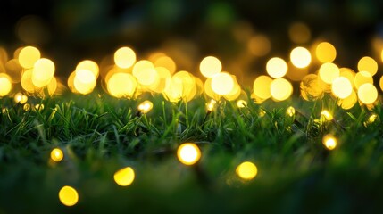 Poster - String lights illuminate green grass at night creating a beautiful bokeh effect in the background High quality image