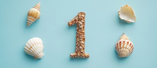 Poster - Number One From Sea Shells Isolated On Tender Light Blue Background