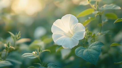 Poster - Close-Up of Beautiful White Flower on Leafy Background in Soft Diffuse Light for Botanical Studies : Generative AI
