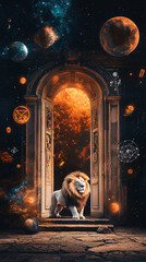 sign of the zodiac leo - portrait of a lion in a colorful universe with some galaxies and stars, leo sign with stars on black background. Zodiac signs, stars and horoscop