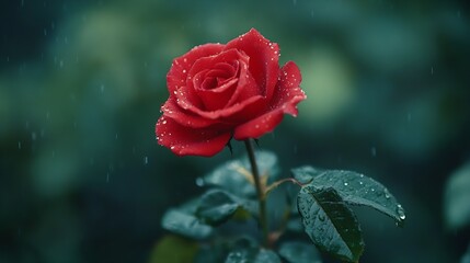 Poster - Closeup of Vibrant Red Rose with Dew Drops in Rainy Atmosphere : Generative AI