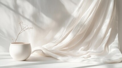 Poster - Smooth white surface adorned with gentle white fabric A minimalist still life arrangement