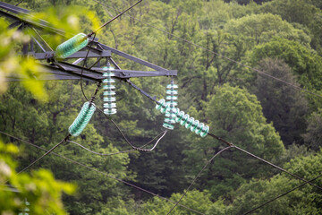 A green power line with a green insulator on top