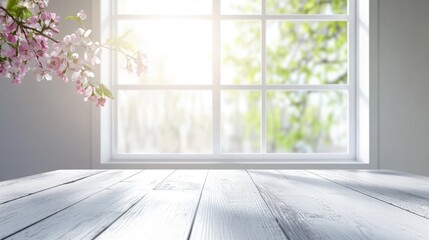 Poster - White wooden table beside a spacious spring window with ample space for text or graphics
