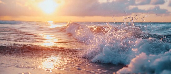 Poster - Colorgraded Waves Splashing On The Shore During Sunset With Motion Blur Movement Concept