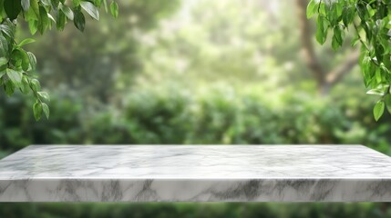 Poster - Empty marble table top set against a blurred green garden backdrop ideal for product display presentations