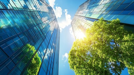 Aufkleber - Modern Skyscrapers and Green Trees against Bright Blue Sky with Sunlight : Generative AI