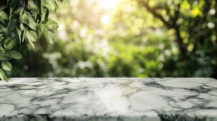 Poster - Empty marble table top set against a blurred green garden backdrop ideal for product display presentations