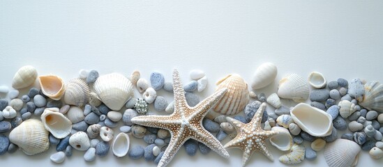 Poster - Starfish Seashells And Stones On White Background Travel Conception Design Ocean