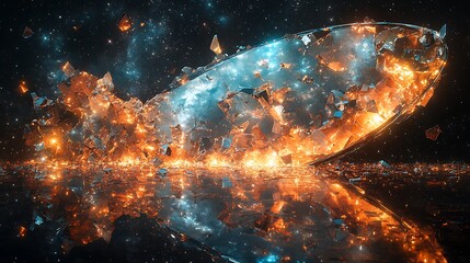 Wall Mural - A futuristic spaceship is engulfed in flames and debris, creating a fiery spectacle against a backdrop of swirling nebulae.