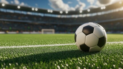 Soccer ball positioned on the green field of a stadium prepared for action in the midfield close up view