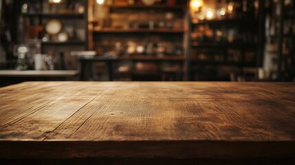 Aufkleber - rustic oak table in ambiently lit antique store environment with empty space for text