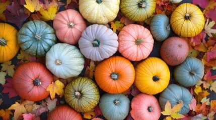 A colorful collection of various pumpkin types paired with autumn leaves